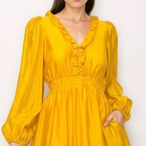 Long Puff Sleeves Ruffle Smoking Waist Mini Dress
